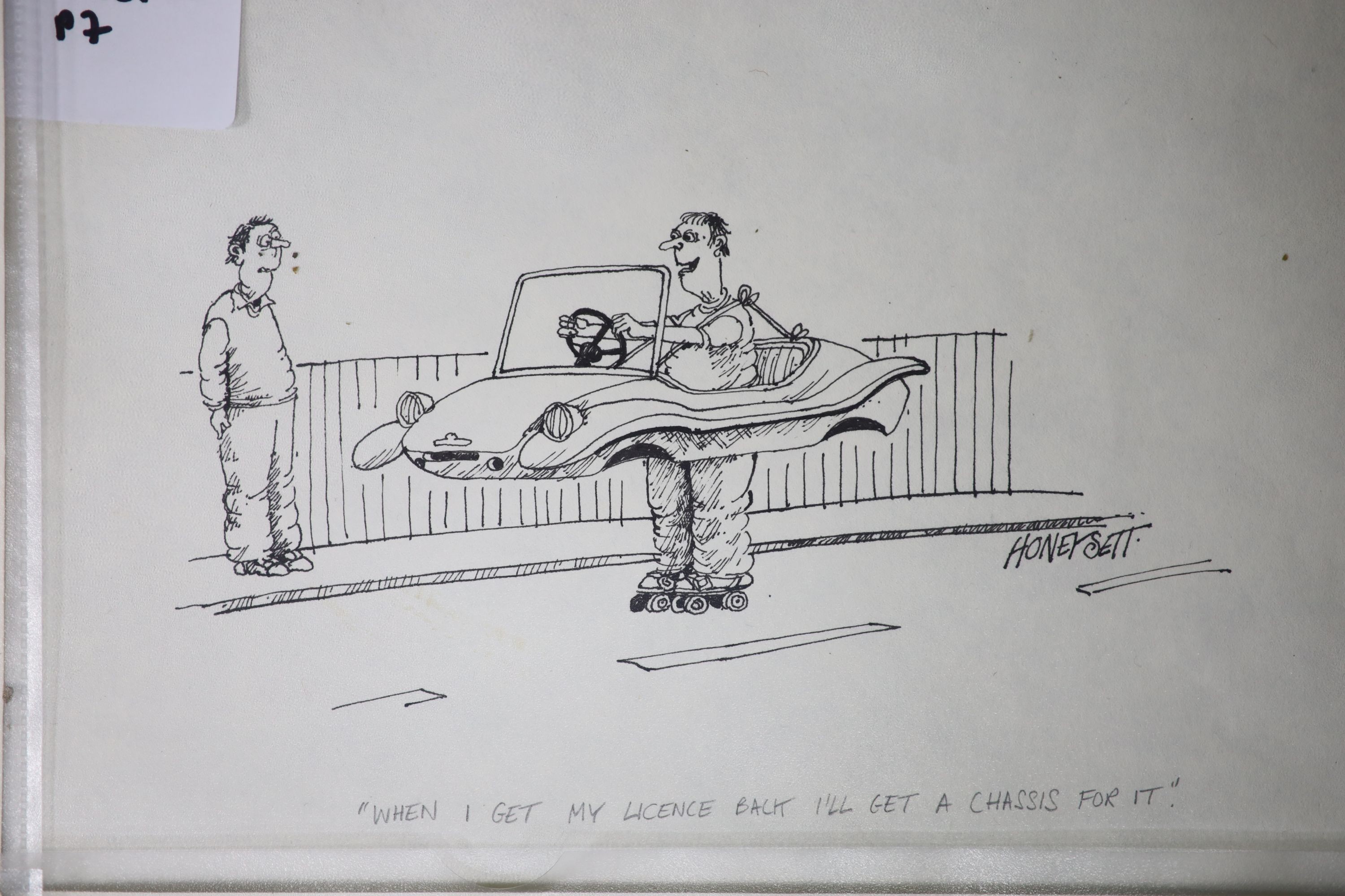 Martin Honeysett (b.1943-), four original cartoons, 'when I get my licence back..' (Kitcars Oct. 82), Kit Wit (Kitcars 1982), obstructed view (Kitcars Nov 82), and loose wheel, signed, 20.5 x 30cm, unframed.